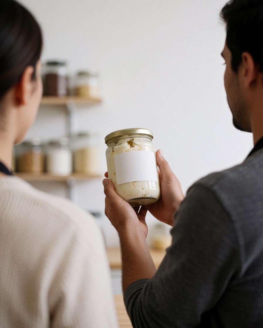 A happy customer receiving a pitcher of homemade ice cream in an ice cream shop with ingredient shelves in the background