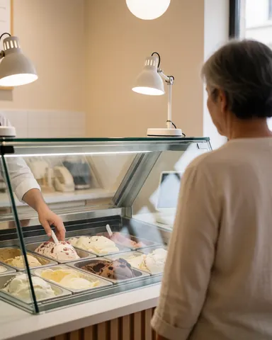 Adult customer selecting ice cream flavors from a modern display case while a vendor serves them in a warm, clean shop interior.