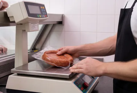 A butcher places a package of sausages on a professional scale in a clean meat shop with a white wall and stainless steel display case.