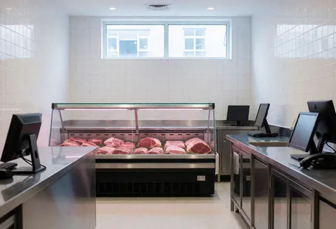 Modern butcher shop interior featuring a refrigerated counter filled with fresh meat cuts, white walls, and stainless steel surfaces.