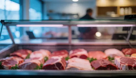 Refrigerated display case with red and white meat cuts decorated with parsley in a modern butcher shop with cool blue lighting