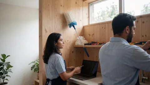 A technician working with tools in a room with wooden walls and natural light, suitable for pest control services.
