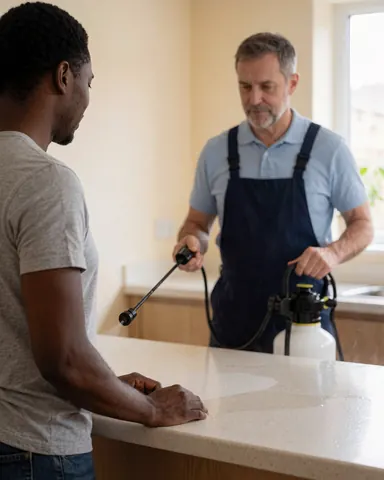Technician spraying a clean kitchen counter with a sprayer while a client watches in a beige-walled room with natural light