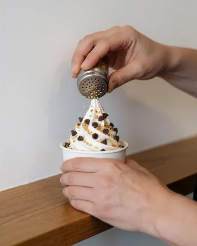 Hands sprinkling chocolate and nuts topping onto a serving of ice cream in a glass on a wooden table at an ice cream shop
