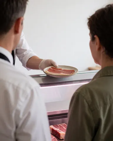 A butcher wearing a glove offers a plate of Iberian ham to a customer in front of a refrigerator in a butcher shop.