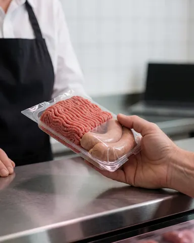 A customer's hand receives a package of fresh meat from a butcher counter in a commercial setting.