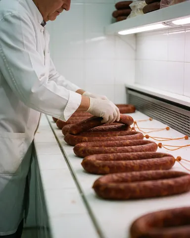 A butcher in a white uniform and gloves places vera sausage links on a refrigerated shelf with white tiles and cold lighting.