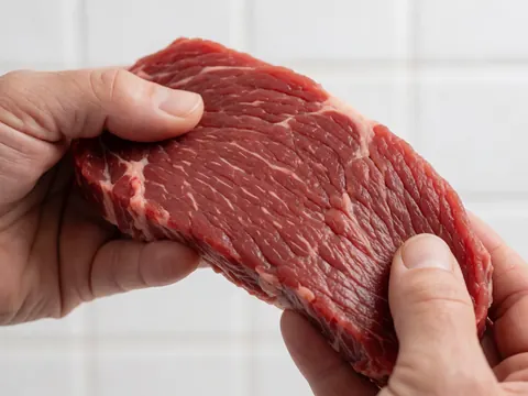 Close-up of hands holding a piece of raw meat with visible fat against a white background, suitable for butcher shop details.
