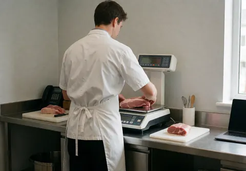 A butcher in a white uniform weighs a cut of meat on a digital scale atop a stainless steel table in a clean, modern butcher shop.