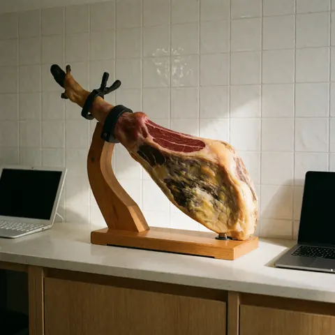 Sliced Iberian acorn-fed ham displayed on a wooden stand against a white tiled wall with natural lighting