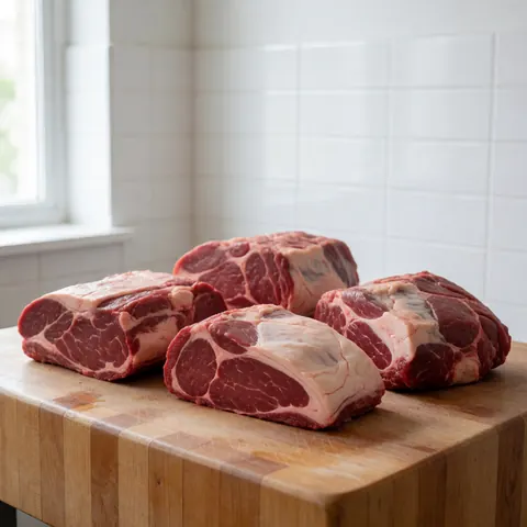 Raw meat with white fat on a wooden board, natural light, white tiles, ideal for butcher shop