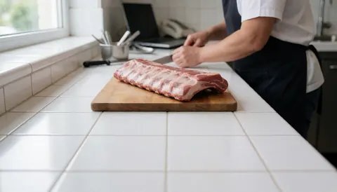 A butcher slicing pork ribs on a wooden cutting board placed on a white counter in a butcher shop.
