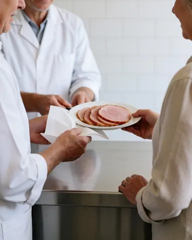 A butcher in a white coat serves sliced ham on a plate to a customer behind a stainless steel counter in a clean meat shop.