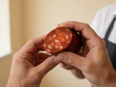 A hand holding a slice of Vera chorizo with visible texture in a butcher shop with beige walls