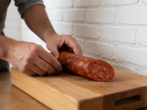 Close-up view of criollo sausage being sliced on a wooden cutting board with a white brick wall in the background, highlighting butcher shop details.