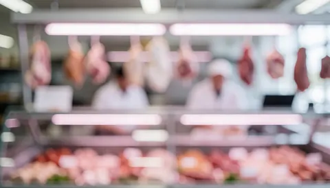 Background of a butcher shop featuring meat in a display case and hanging, with refrigeration lights, ideal for text overlay