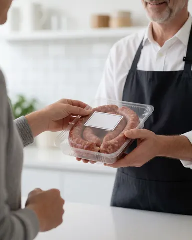 A customer holds a package of sausages handed by a butcher in a clean store with white walls and tiles