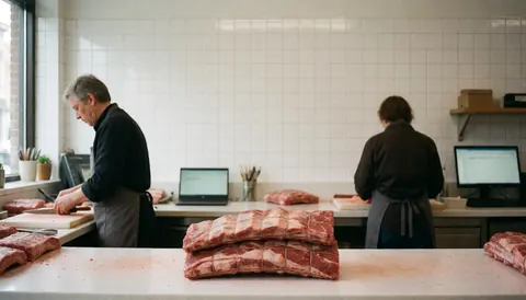 Tied beef ribs displayed on a counter in a butcher shop with white tiled walls and natural light.