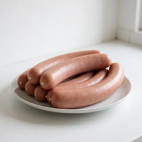 Raw longanisa sausage links arranged on a white plate placed on a counter, suitable for a butcher shop display.