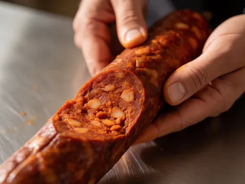 Hands holding a slice of Santarrosano chorizo with visible casing over a stainless steel butcher counter