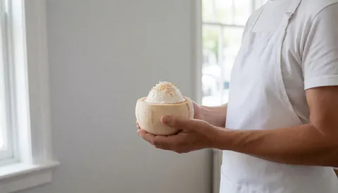 Server holding a coconut ice cream dessert in its shell at an ice cream shop with light walls and text space