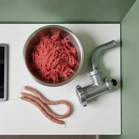 Raw ground meat in a metal bowl alongside meat grinder and sausage casings on a white surface with a green wall background.