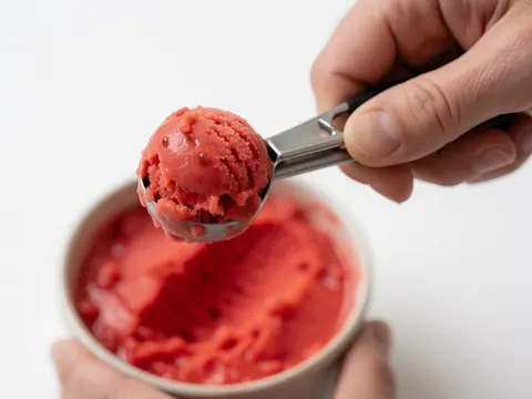 A spoonful of strawberry ice cream on a white background, perfect for a dairy shop or dessert menu.