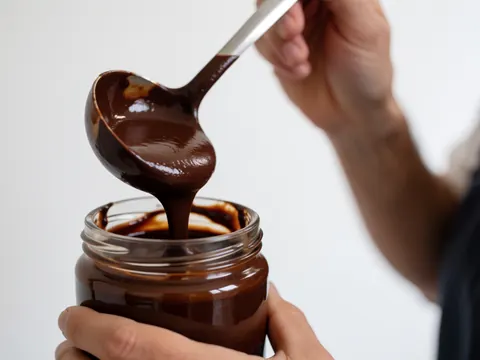 Metal spoon scooping thick chocolate ganache from a glass jar against a white background, detail shot for ice cream shop use