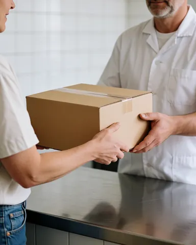 A satisfied customer receives a sealed cardboard box from a butcher shop employee wearing a white uniform, handing over the product on a stainless steel surface.