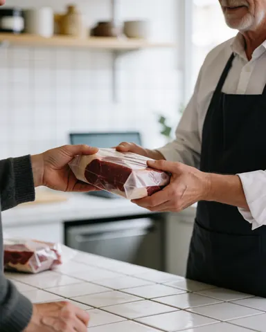 A customer holds a package of fresh meat in a clean butcher shop with white tiles.