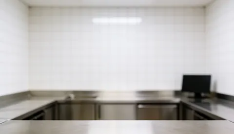 White tiled walls and stainless steel tables in a butcher shop, providing a clean and professional background for text.