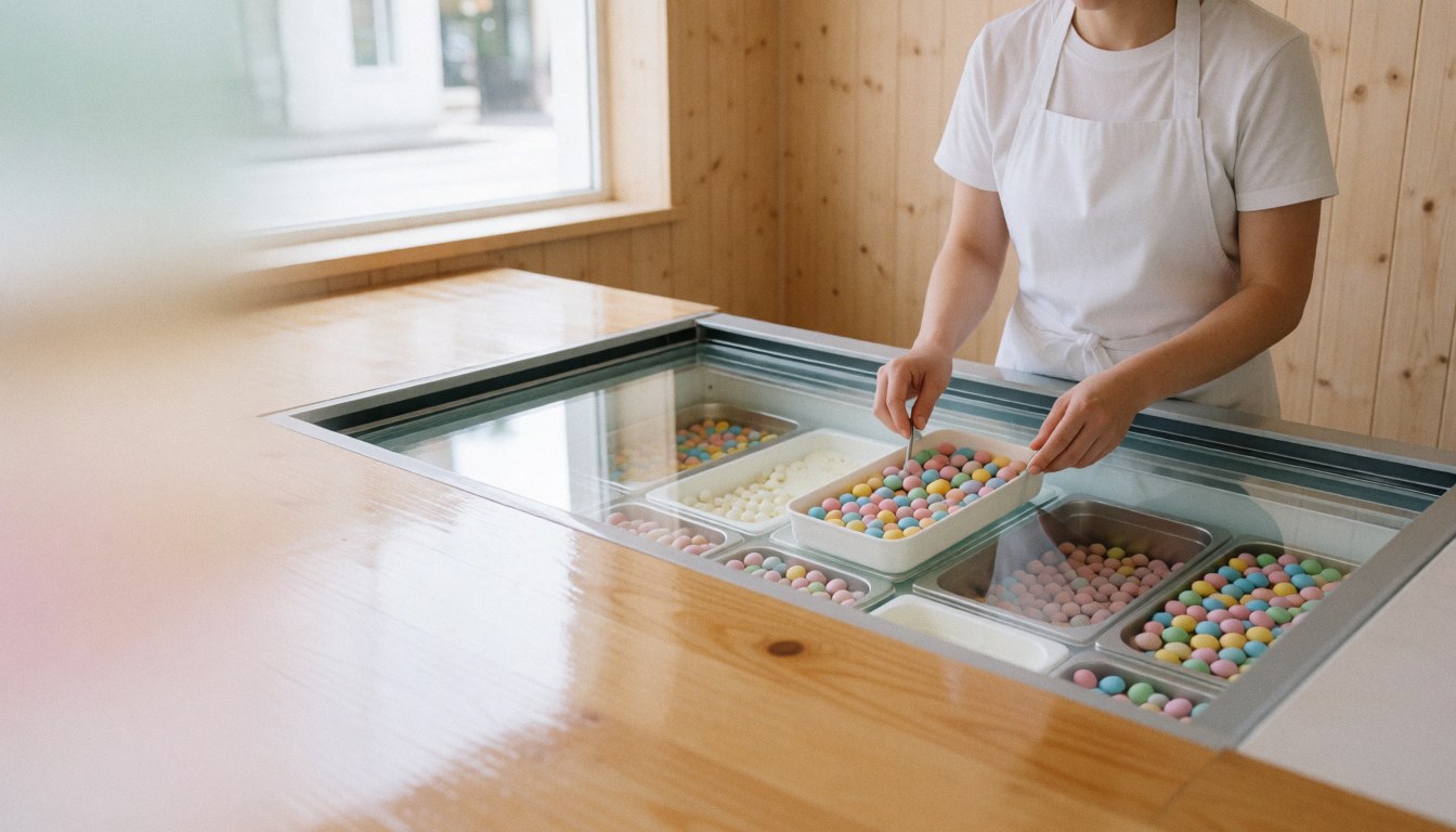 Staff member placing colorful praline into a refrigerated display case with light wood and natural lighting in an ice cream shop