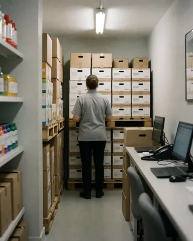 Store personnel inspecting stacked supply boxes in an organized warehouse with pallets and shelves