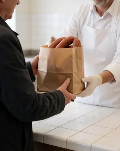 Customer receiving a bag of sausages at a butcher shop counter with white tiles