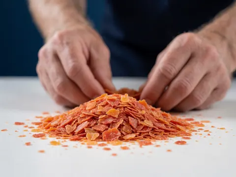 Close-up of adult hands manipulating orange pet food flakes on a white surface with dark blue walls, showcasing product texture for a pet store.