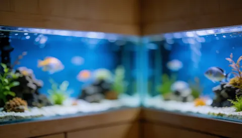 Blurred aquariums with fish and plants, ideal background for a pet store website.