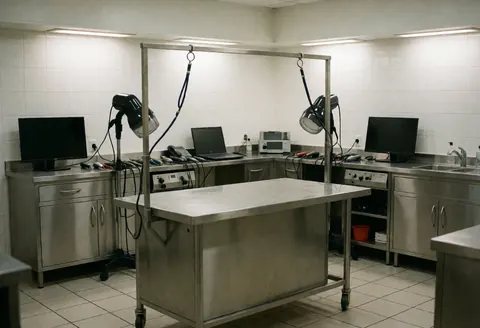 Professional pet grooming station featuring a stainless steel table, mounted dryers, work lights, tiled walls, and a clean interior environment.