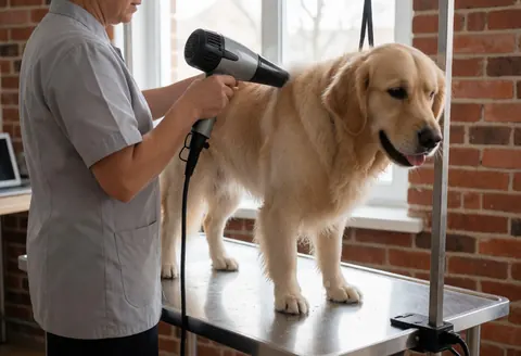 A golden retriever dog is being dried with a professional hair dryer on a stainless steel table in a pet store with brick walls.