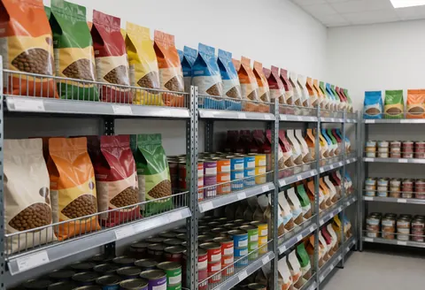 Metal shelves stocked with dry and wet pet food bags and cans in a bright, clean pet store with white walls