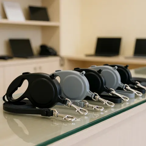A row of retractable leashes displayed on a pet store counter with shiny metal clasps and soft beige walls.