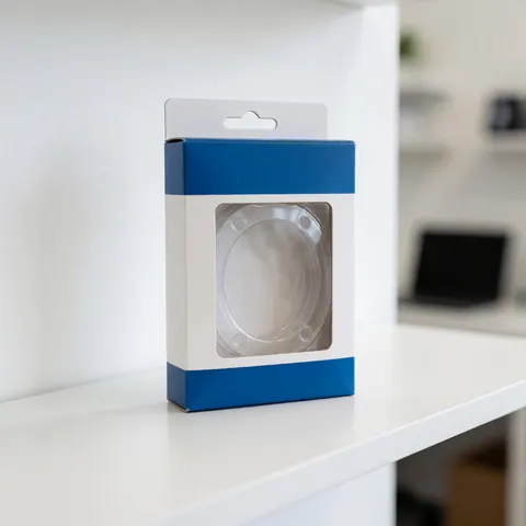 Product packaging box displayed in a glass vitrine on a white shelf against a white wall with soft lighting