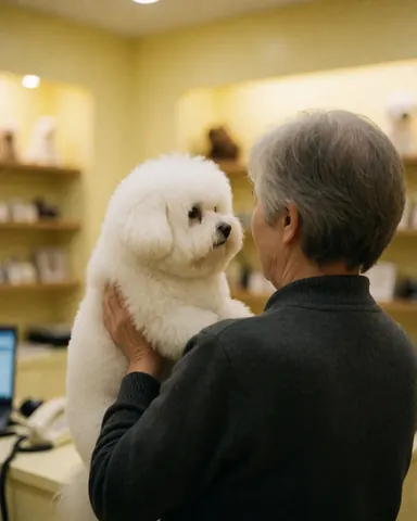A smiling older client holds a fluffy white dog that has just been groomed inside a pet store with yellow walls and warm lighting.