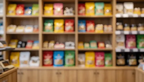 Blurred wooden shelves stocked with pet food bags in a pet store setting
