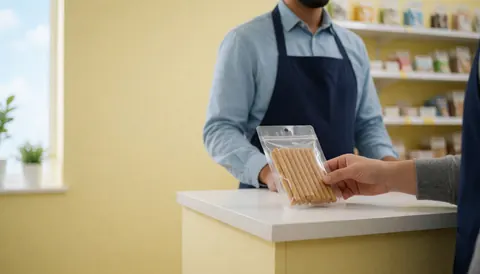 A cashier at a pet store hands a package of dental sticks to a customer with yellow walls and product shelves in the background