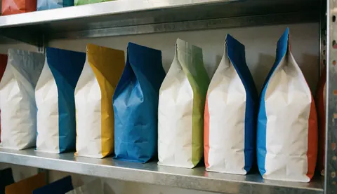 Bags of pet food arranged on a metal shelf with natural lighting, providing a clean background for text in a pet store setting.