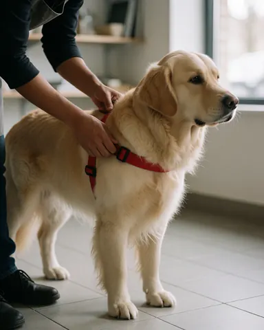 A golden retriever dog wearing a red harness inside a pet store with tiled floors and natural light