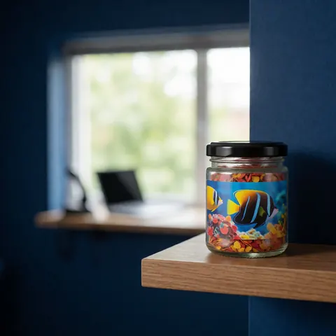 Glass jar filled with fish flakes sitting on a wooden shelf against a dark blue wall with natural light