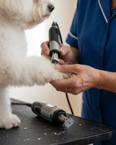 Pet groomer in blue uniform using an electric nail grinder on a white dog's paw at a grooming table.