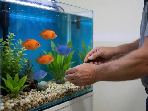 Close-up of hands tending to colorful fish in a planted aquarium with gravel, ideal for pet store marketing.