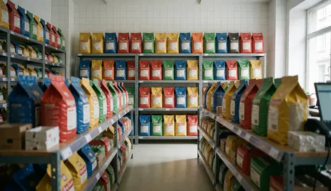 Clean pet store aisle featuring metal shelves stocked with dog food bags, white tiled walls, and a polished floor illuminated by natural light.